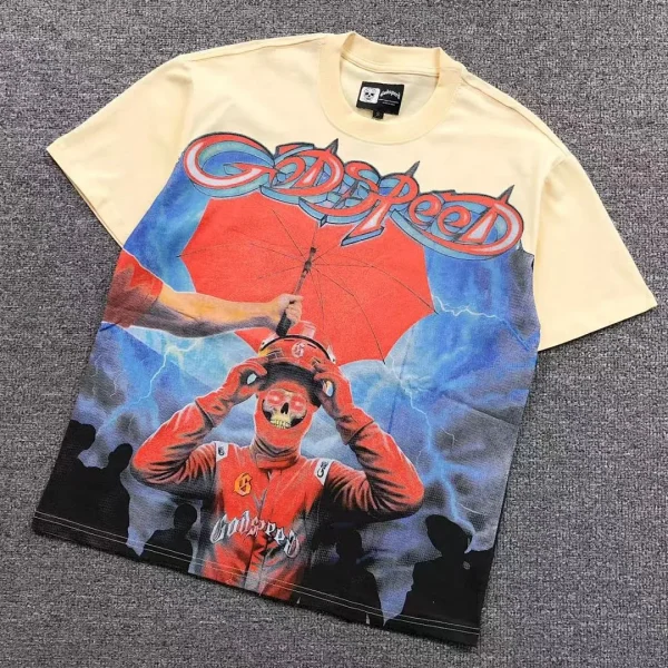 GODSPEED Cream Red Umbrella Racer Rain T-Shirt - front view