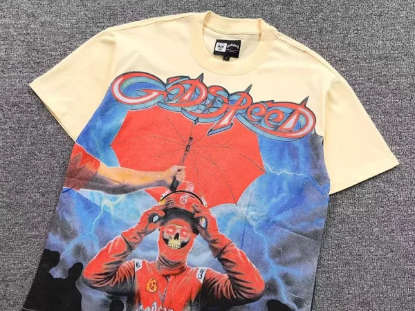 GODSPEED Cream Red Umbrella Racer Rain T-Shirt - size reference
