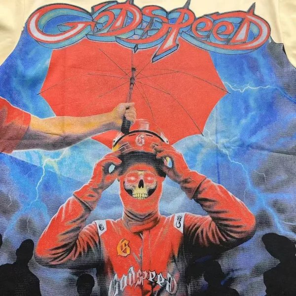 GODSPEED Cream Red Umbrella Racer Rain T-Shirt - styled shot