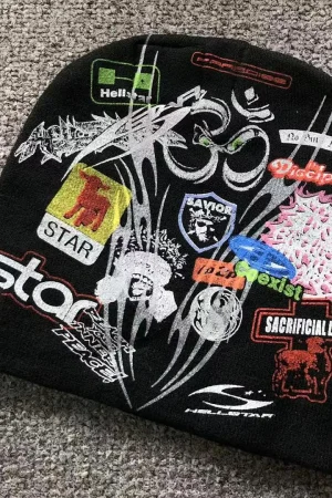 HELLSTAR Black Multi-logo Collage Beanie