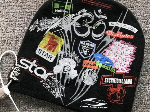 HELLSTAR Black Multi-logo Collage Beanie - full look