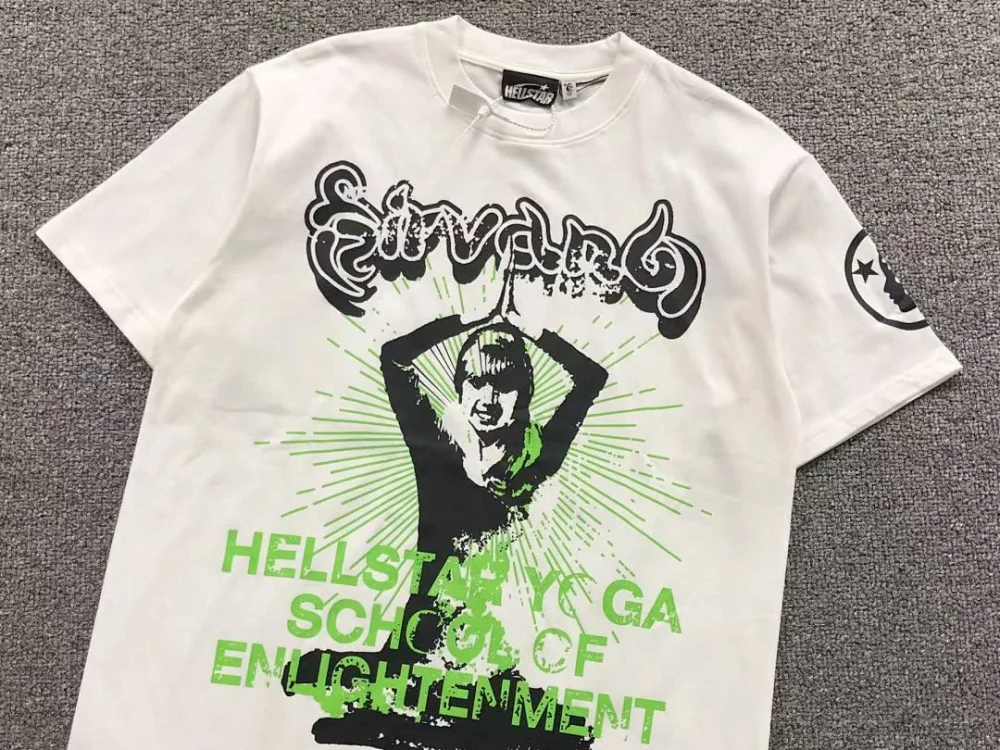 HELLSTAR White Green Yoga Enlightenment Print T-Shirt - size reference