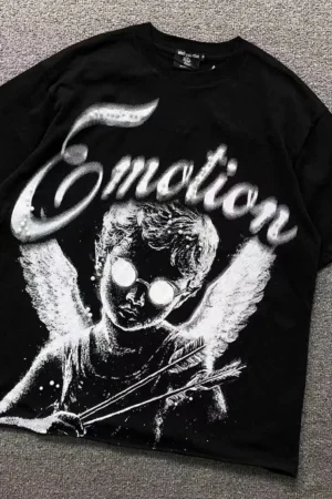 MIXED EMOTION Black White Angel Script T-Shirt