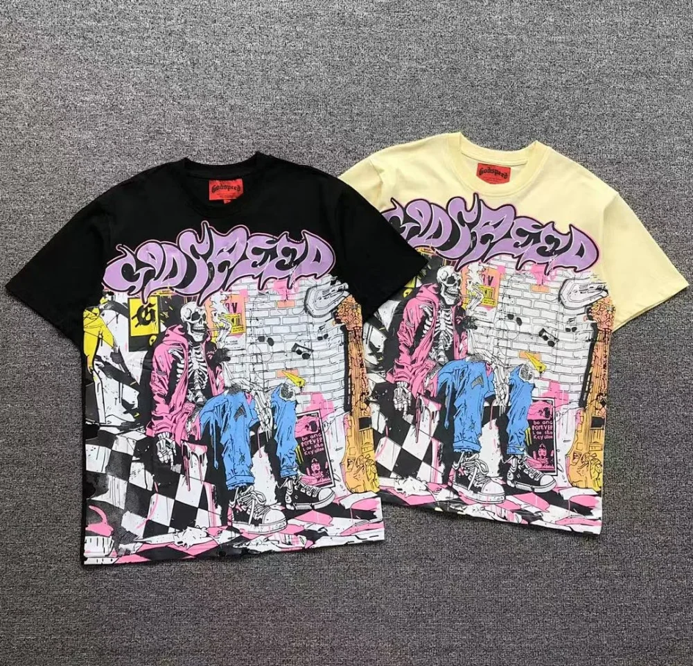 GODSPEED Black Racing Checkered Figures T-Shirt - close-up detail
