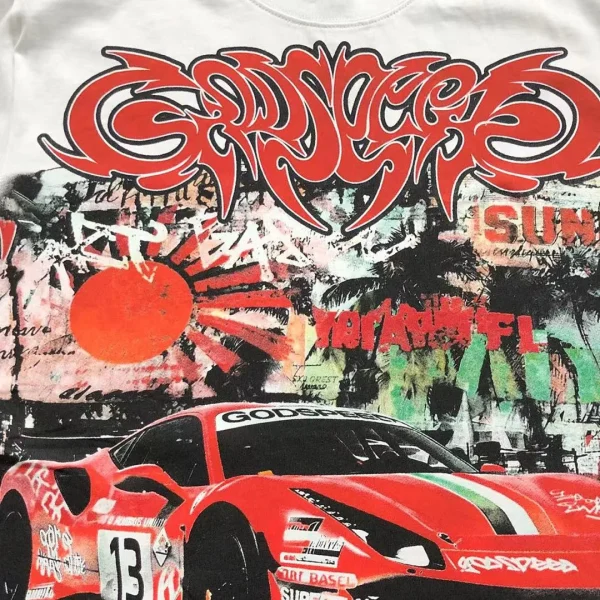 GODSPEED White Red Race Car Graffiti T-Shirt - fabric detail