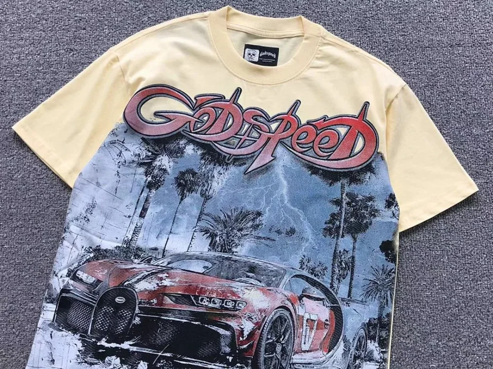 GODSPEED Cream Grey Race Car Palms T-Shirt - size reference