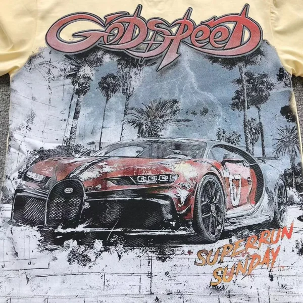 GODSPEED Cream Grey Race Car Palms T-Shirt - styled shot