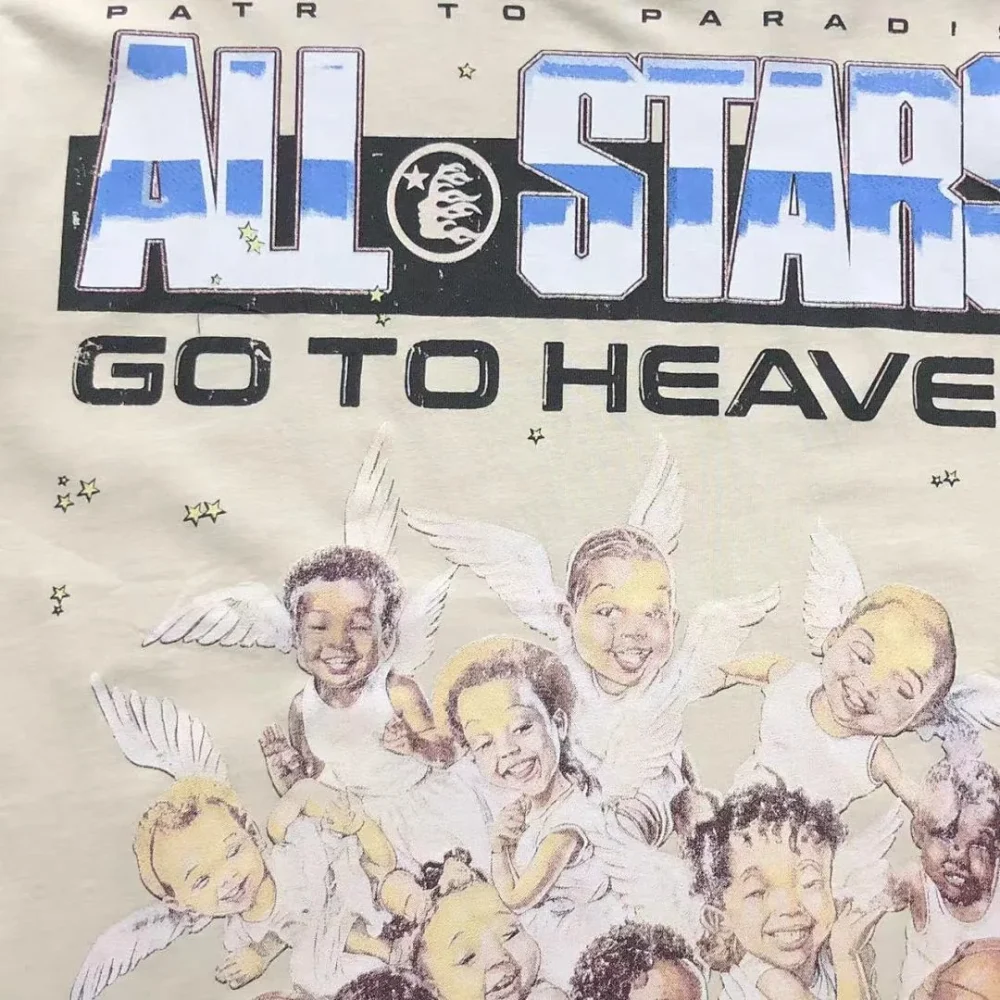 HELLSTAR Cream All Stars Go to Heaven Cartoon T-Shirt - fabric detail