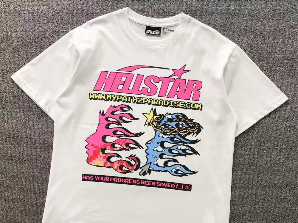 HELLSTAR White Pink Blue Flame Pair T-Shirt - size reference