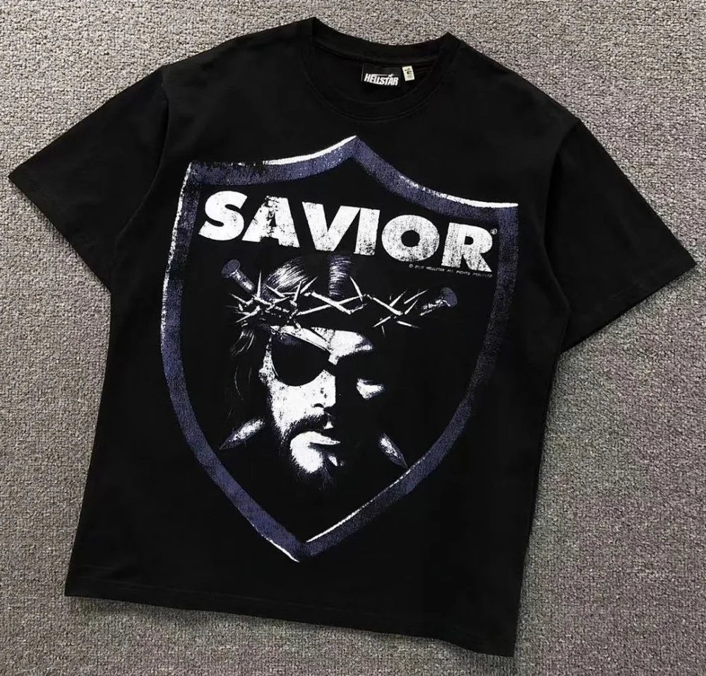 HELLSTAR Black Savior Shield Print Graphic T-Shirt - close-up detail