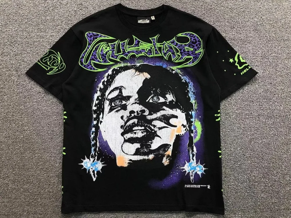 HELLSTAR Black Purple Green Face Print T-Shirt - close-up detail