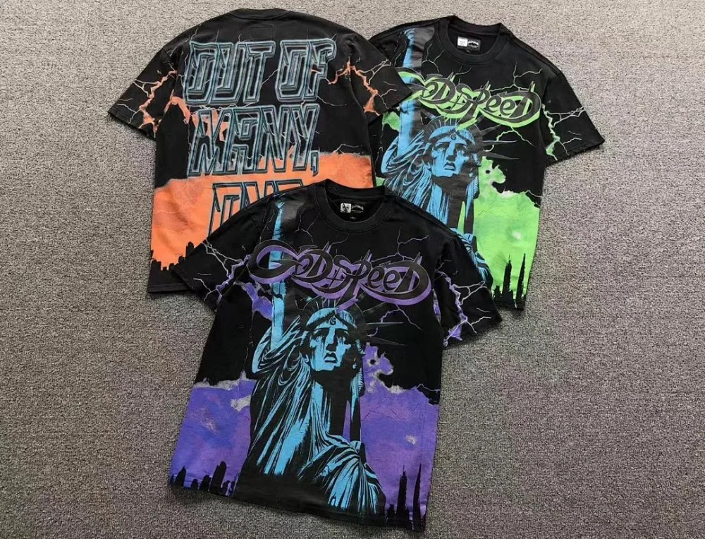 GODSPEED Black Statue of Liberty Neon T-Shirt - close-up detail
