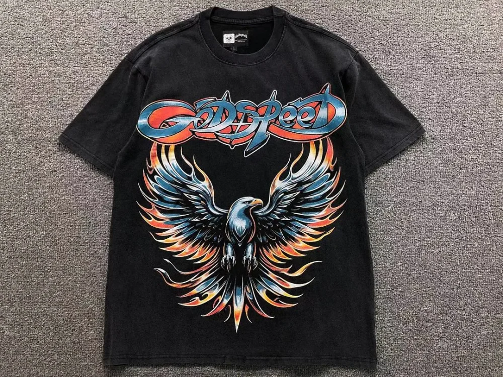 GODSPEED Black Flame Eagle Phoenix T-Shirt - close-up detail