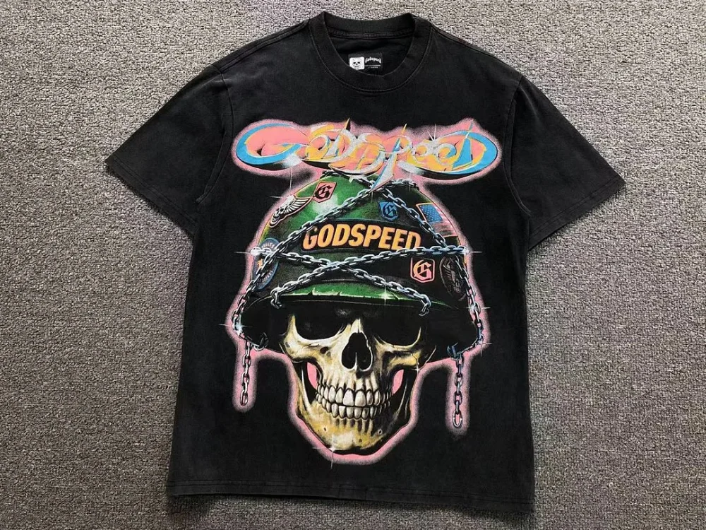 GODSPEED Black Army Helmet Skull T-Shirt - close-up detail