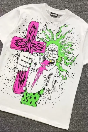 HELLSTAR White Pink Cross Cartoon T-Shirt