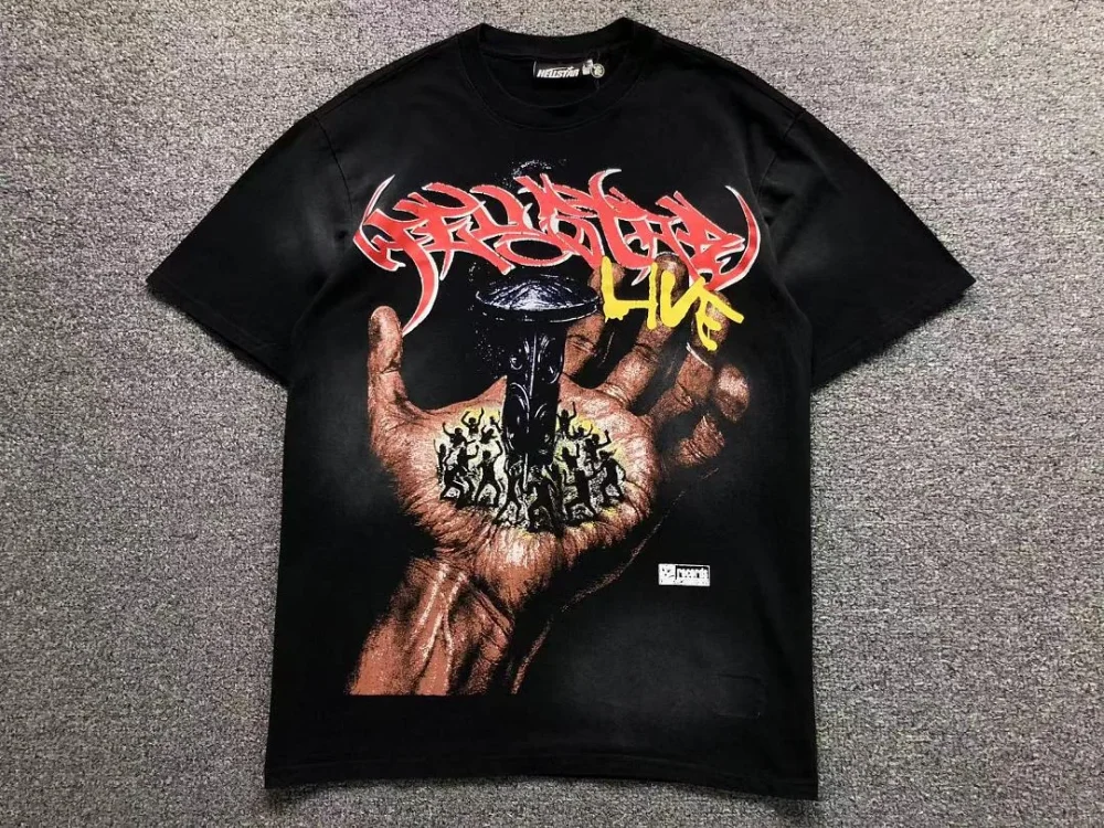HELLSTAR Black Skull in Hand Live Print T-Shirt - close-up detail