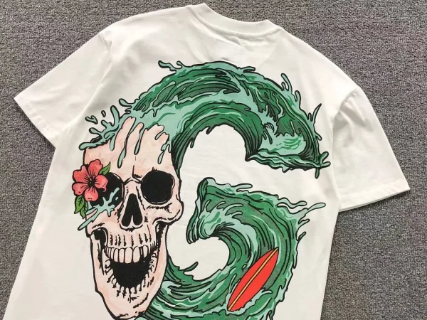 GODSPEED White Green Wave Skull Flower T-Shirt - size reference