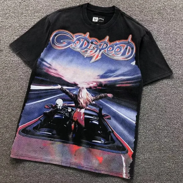 GODSPEED Black Sports Car Driver Sunset T-Shirt - front view