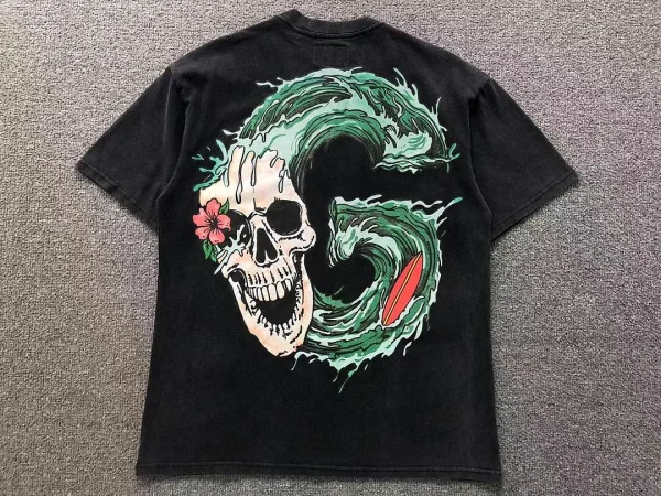 GODSPEED Black Green Wave Skull G T-Shirt - close-up detail