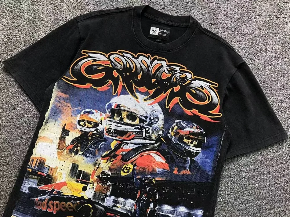 GODSPEED Black Race Car Skull Collage T-Shirt - size reference