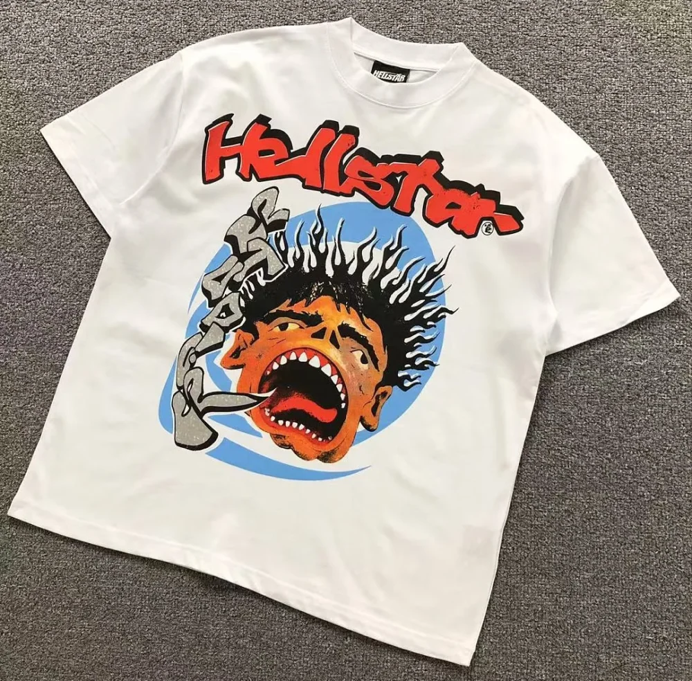 HELLSTAR White Blue Circle Screaming Face T-Shirt - close-up detail