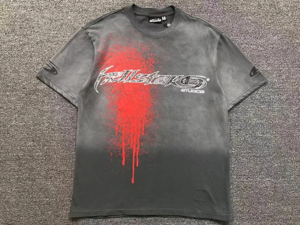 HELLSTAR Grey Red Splatter Print T-Shirt - close-up detail