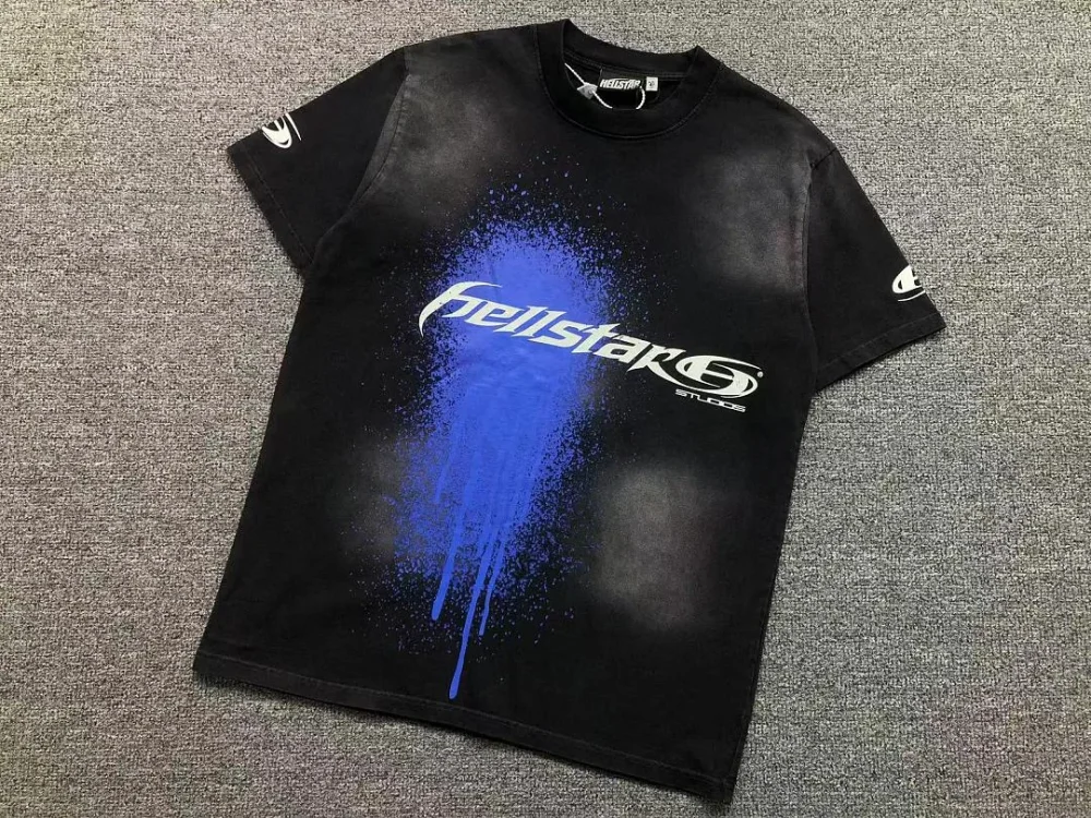 HELLSTAR Black Blue Splatter Logo Print T-Shirt - alternate angle
