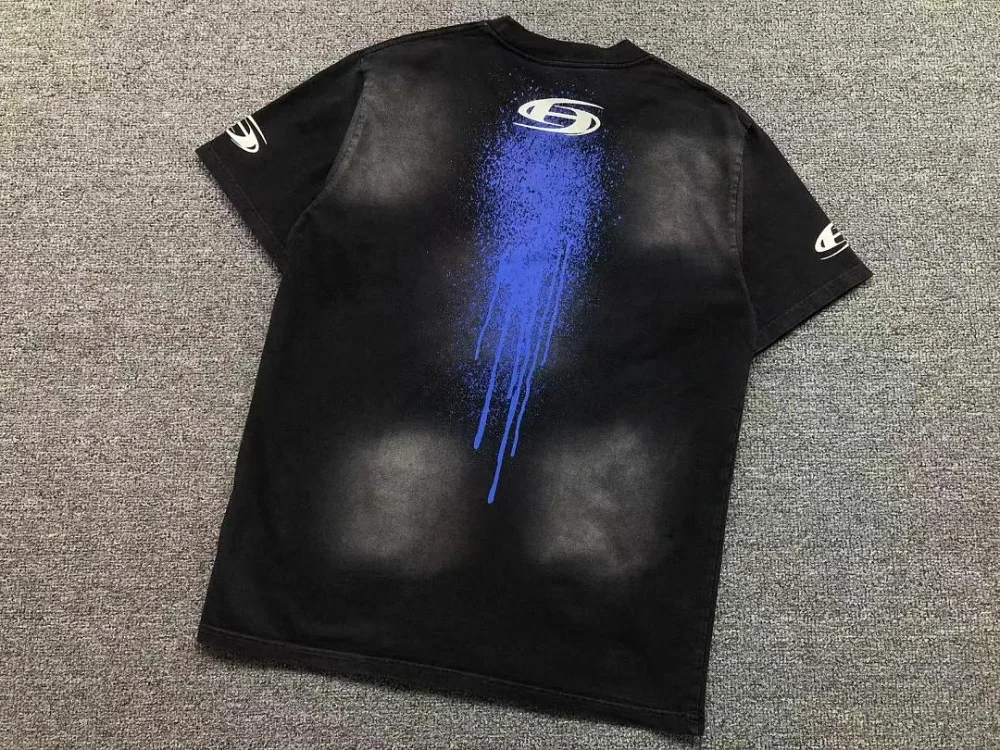 HELLSTAR Black Blue Splatter Logo Print T-Shirt - fabric detail