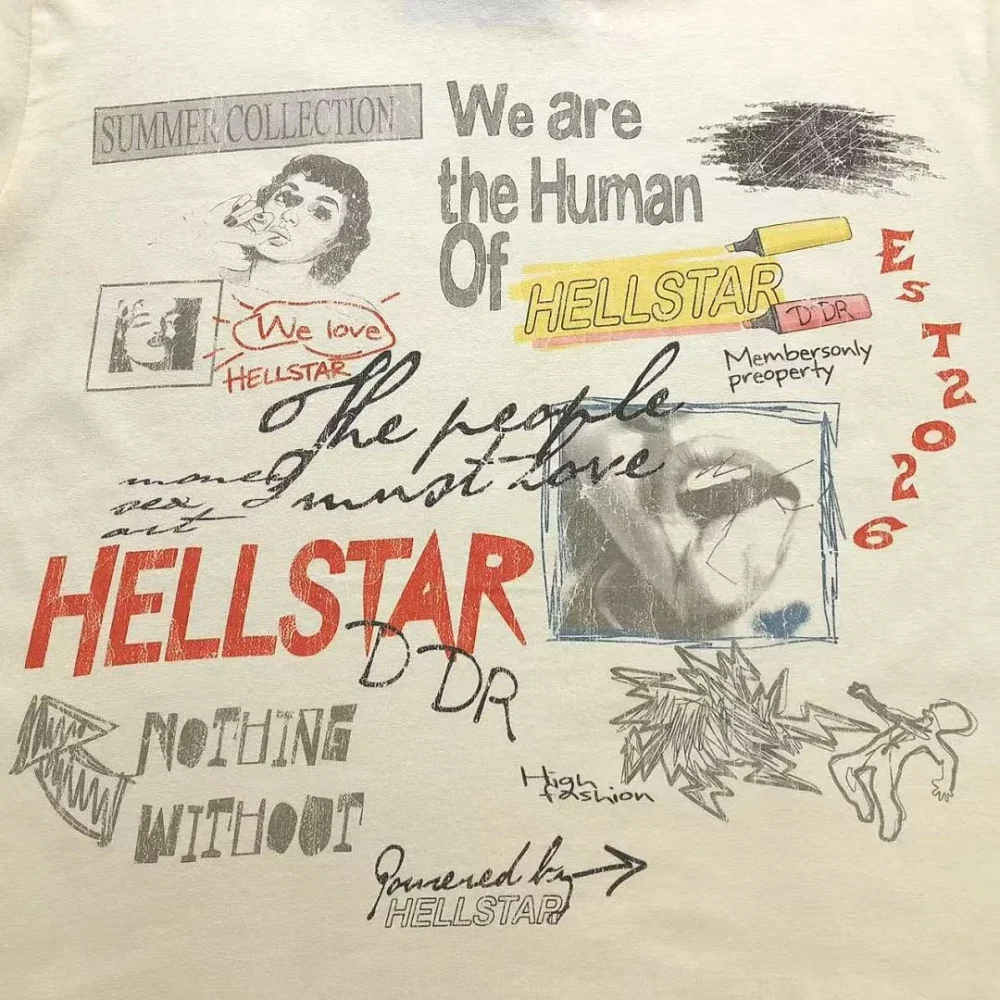 HELLSTAR Cream Human Collage Scribble T-Shirt - front view