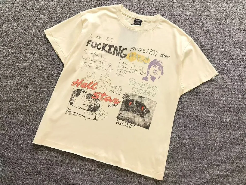 HELLSTAR Cream Scribble Collage Fcking Sad T-Shirt - size reference