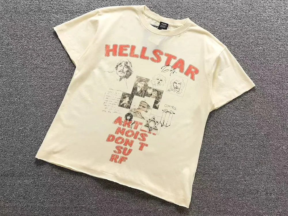 HELLSTAR Cream Art Noise Dont Surf Print T-Shirt - size reference
