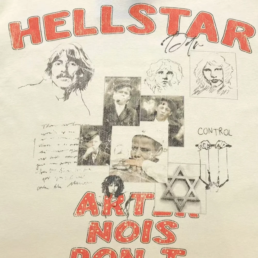 HELLSTAR Cream Art Noise Dont Surf Print T-Shirt - fabric detail