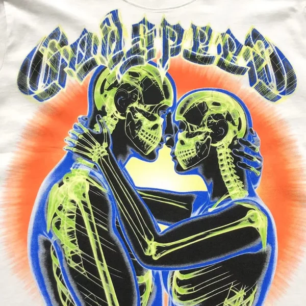 GODSPEED White Skeleton Kissing Flame T-Shirt - fabric detail