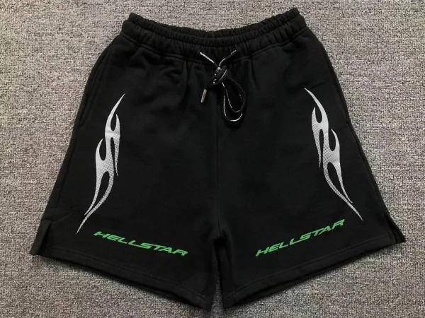 HELLSTAR Black Green Flame Shorts - close-up detail