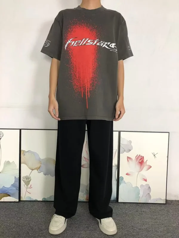 HELLSTAR Grey Red Splatter Print Graphic T-Shirt - print detail