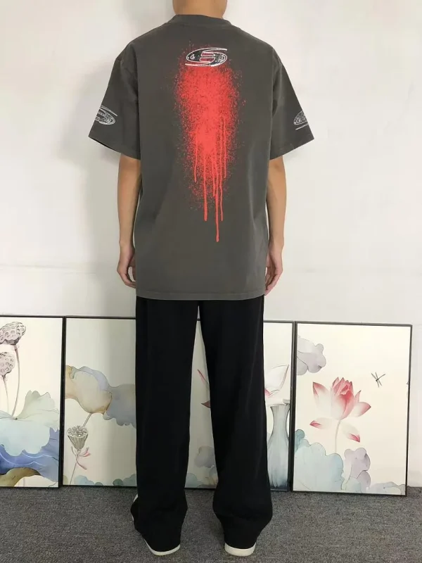 HELLSTAR Grey Red Splatter Print Graphic T-Shirt - full look