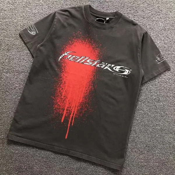 HELLSTAR Grey Red Splatter Print Graphic T-Shirt - front view