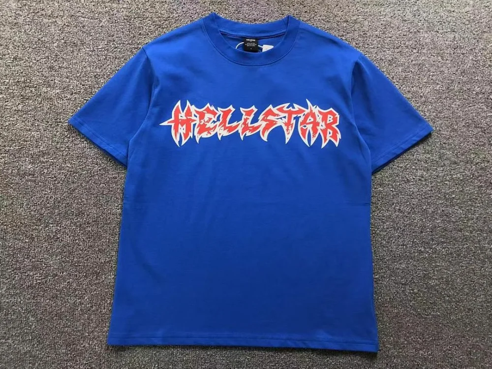 HELLSTAR Blue Red Metal Logo T-Shirt - close-up detail