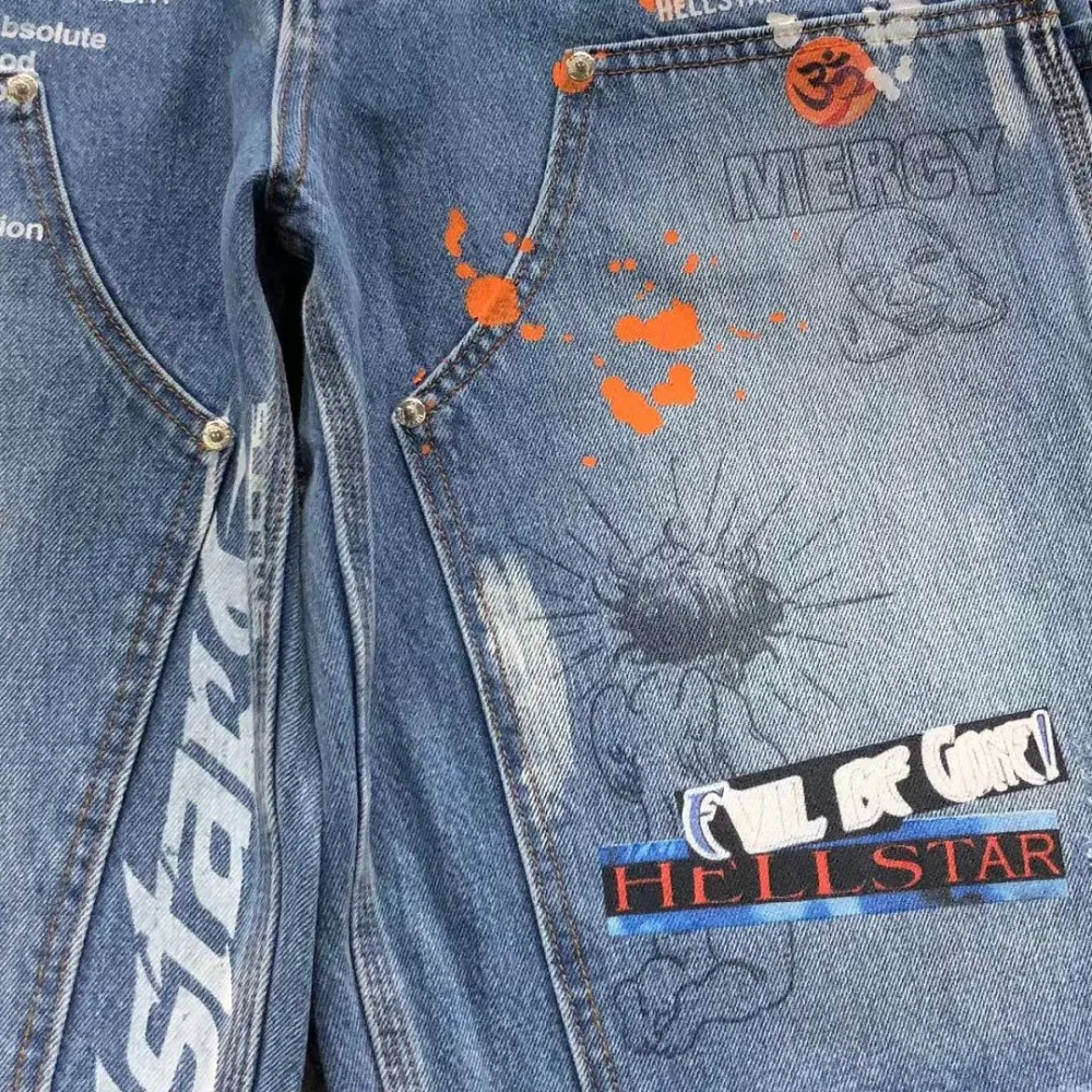 HELLSTAR Blue Distressed Patch Denim Shorts - styled shot